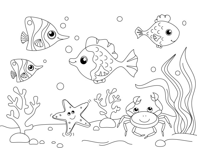 Underwater Coloring Page - Ocean Animals Vector Image