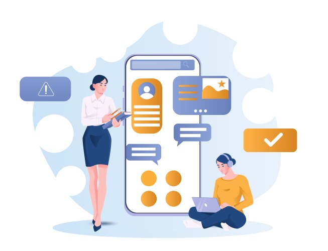 Mobile app teamwork concept scene vector image