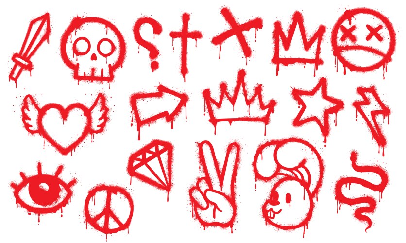 Graffiti red spray paint grunge elements set vector image