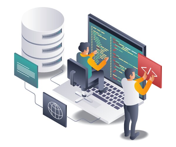 Programmer team developing web hosting vector image