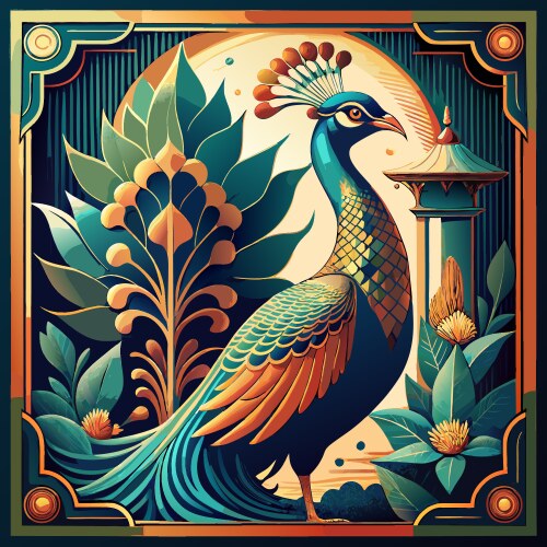 Engraving with peacock in flat style Vector Image