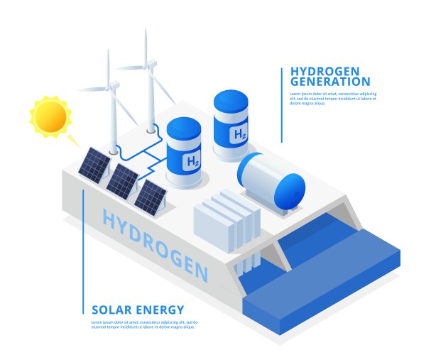 Hydrogen power plant isometric view Royalty Free Vector