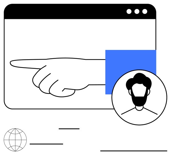 Hand pointing inside web browser window with user vector image