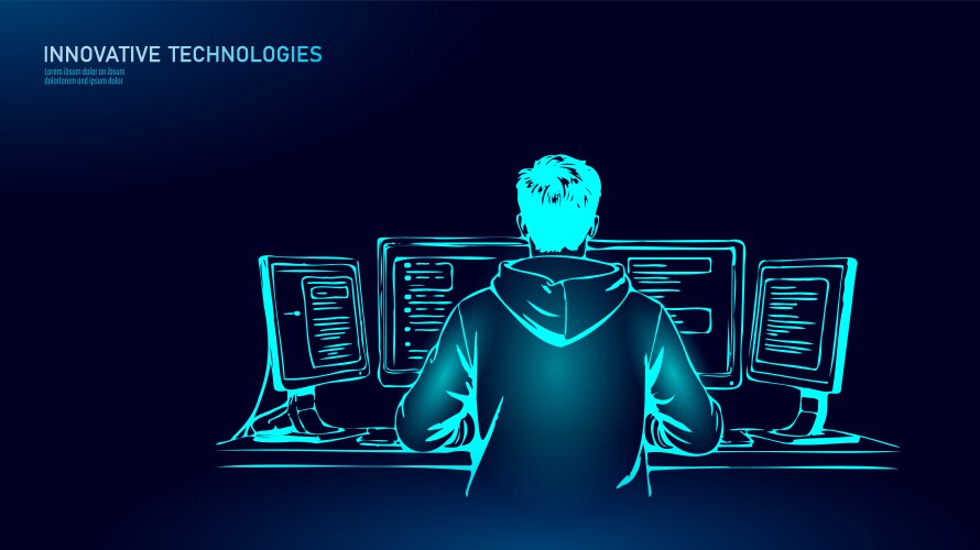 Developer works computers back view programmer vector image