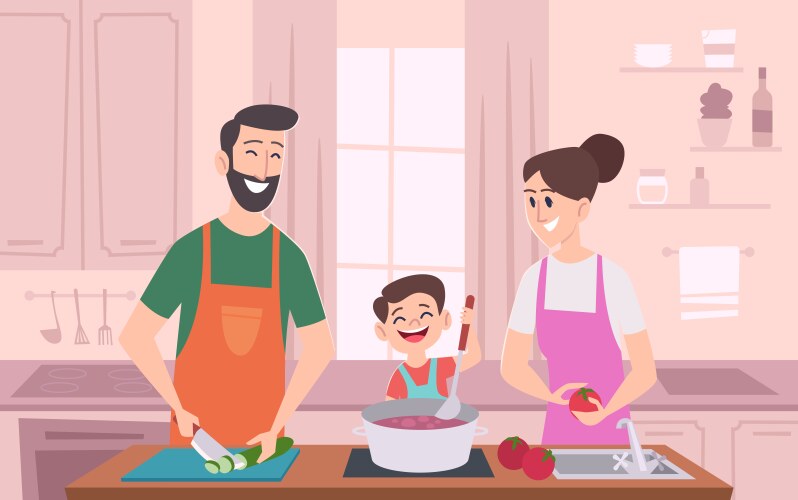 Family couple kitchen kids with parents preparing vector image