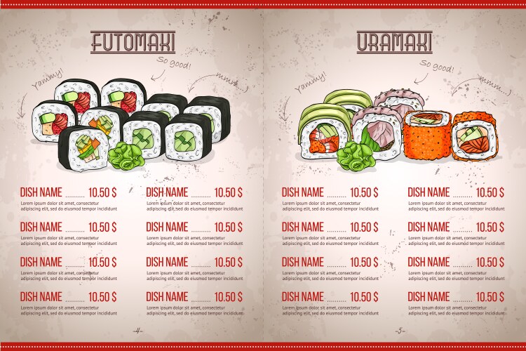 color horizontal sushi menu vector image