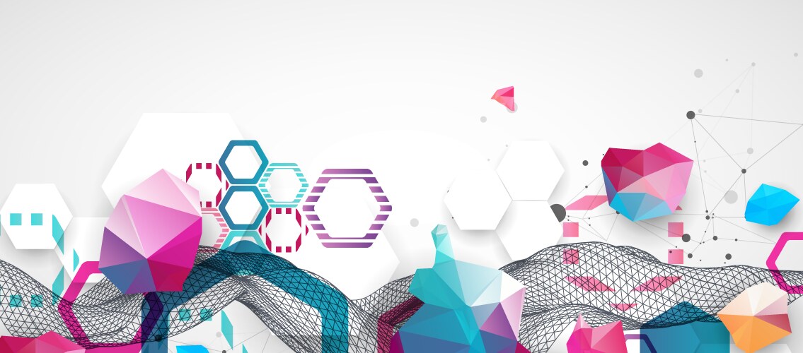 Abstract wave with colorful hexagons and plexus vector image