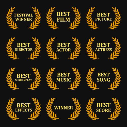 Film awards gold labels set on black background Vector Image