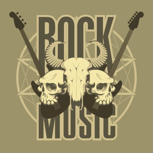 Rock Skull Emblem with Guitar and Pentagram Vector Image