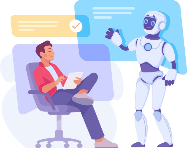 Robot interact with man as smart android assistant vektorbild