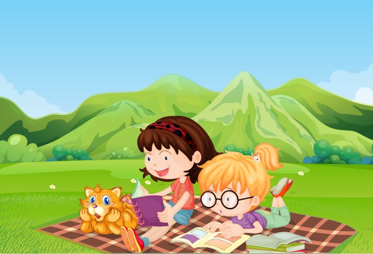 Girls reading at the field Vector Image