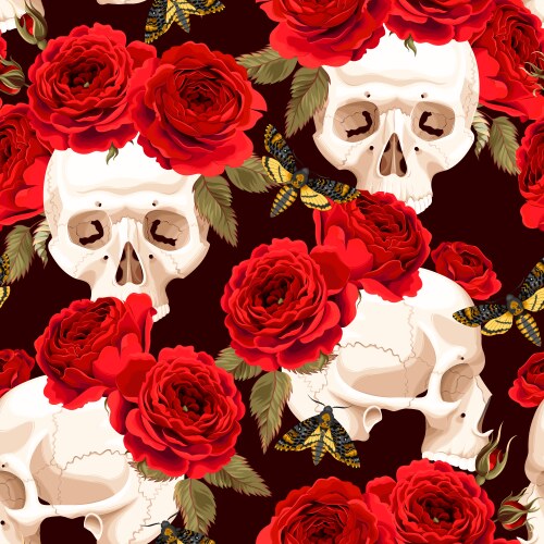 Skull and Roses Seamless Pattern Vector Image