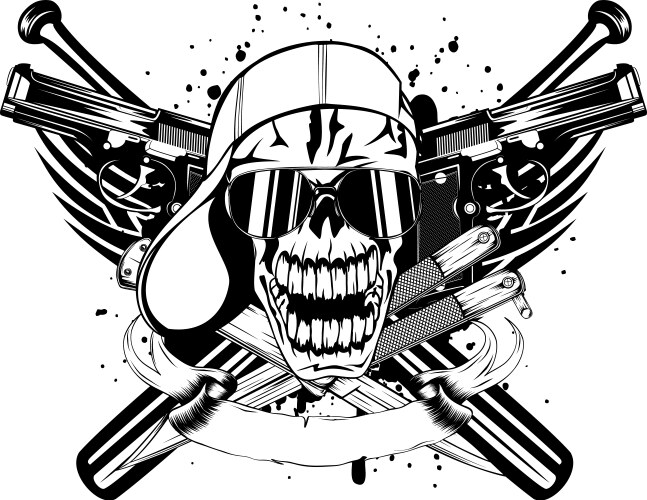 Skull with Knives, Guns and Baseball Cap Vector Image