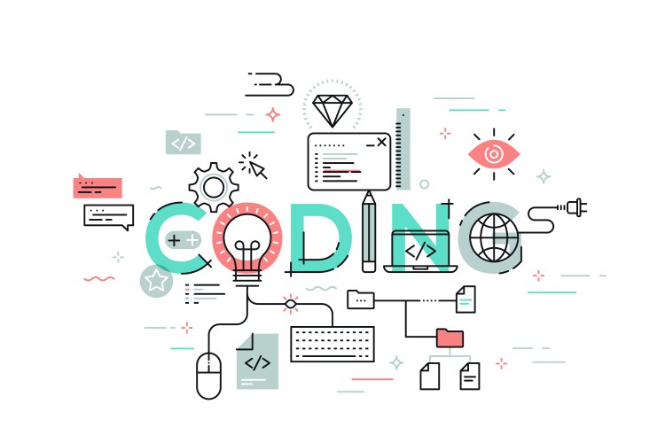 Flat style thin line banner design of coding vector image