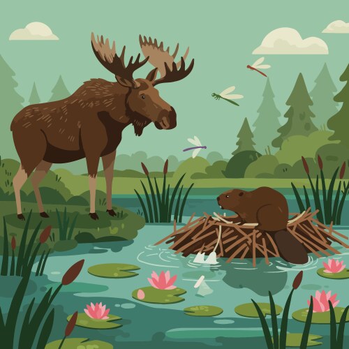 Moose and Beaver by Pond Vector Image