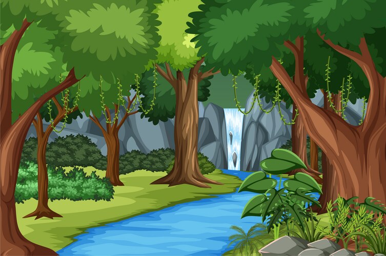 Forest scene with river and many trees Vector Image