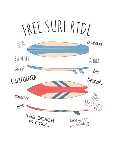 Card with surfboards and slogans isolated on white Vector Image