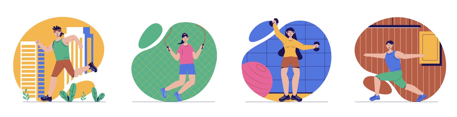 Fitness concept with people scenes set in flat web vector image