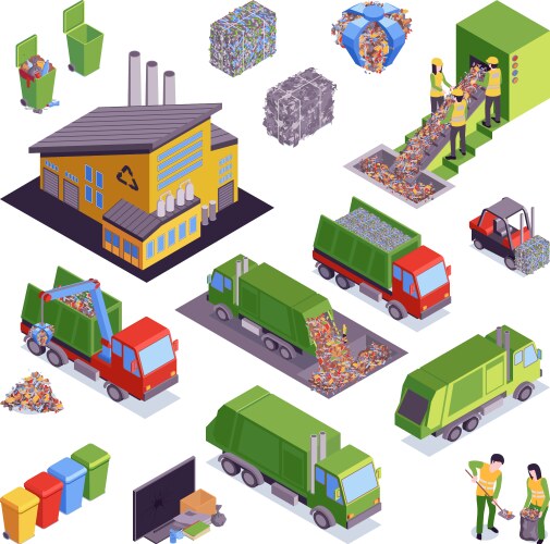 Isometric garbage recycling icon set vector image