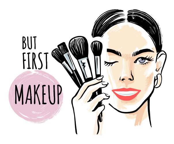 Portrait of woman with cosmetic brush near face Vector Image