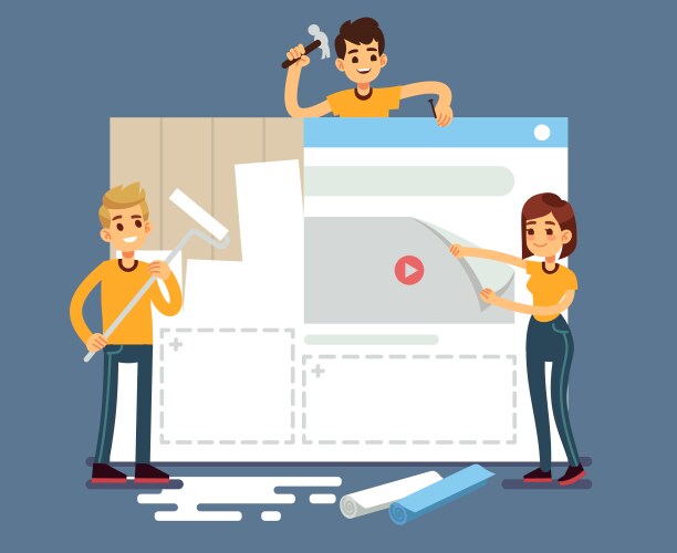 Website development with developers creating vector image