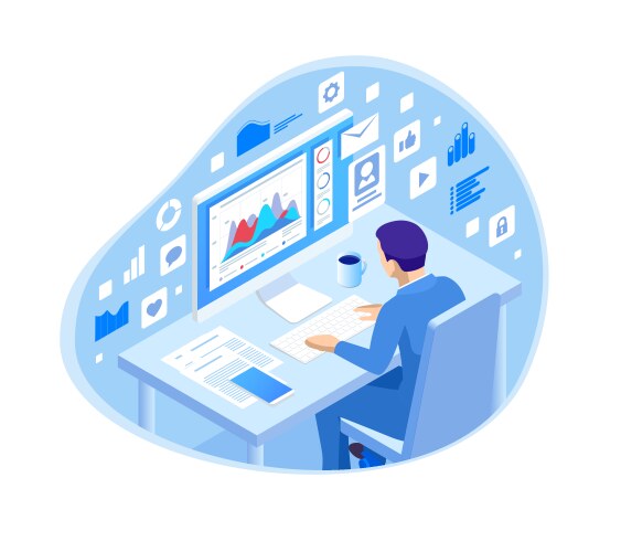 Isometric programmer coding new project sitting vector image