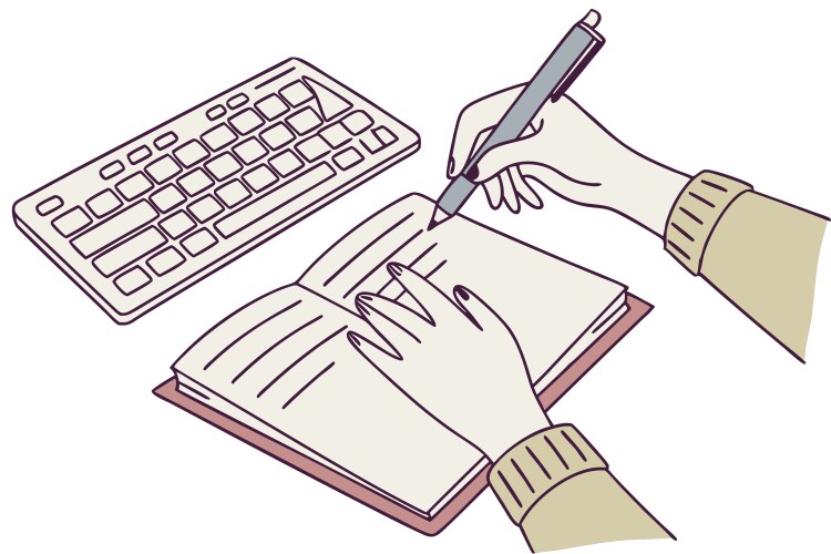 Hand writing in a notebook while using computer vector image