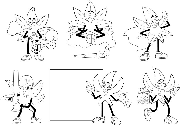 Outlined funny marijuana leaf cartoon characters Vector Image