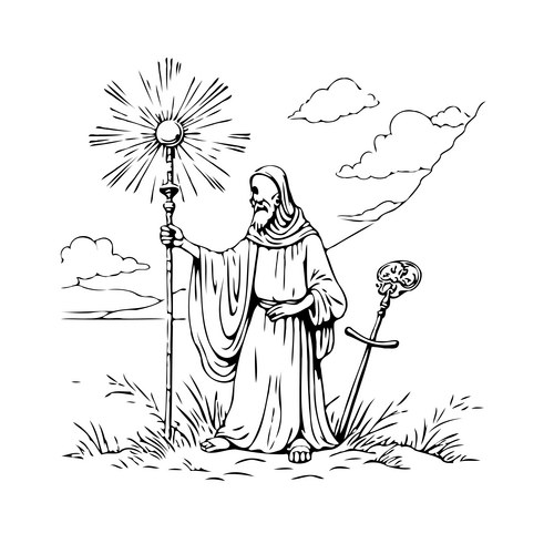 Monk with Radiant Staff and Sword Vector Image