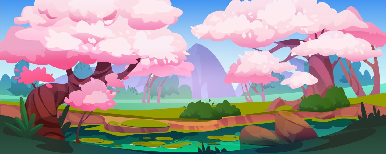 Pink blossom forest with pond spring landscape Vector Image