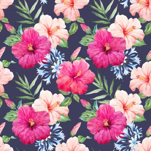 Watercolor Tropical Hibiscus Pattern Vector Image