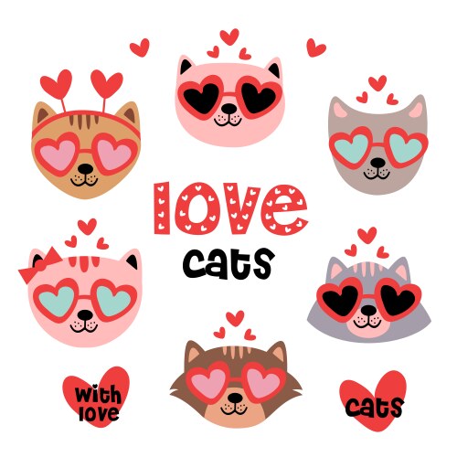 Valentine Cat Heads Collection Vector Image