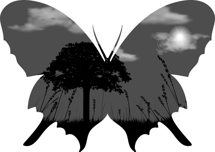 Double exposure butterfly with tree grass clouds Vector Image