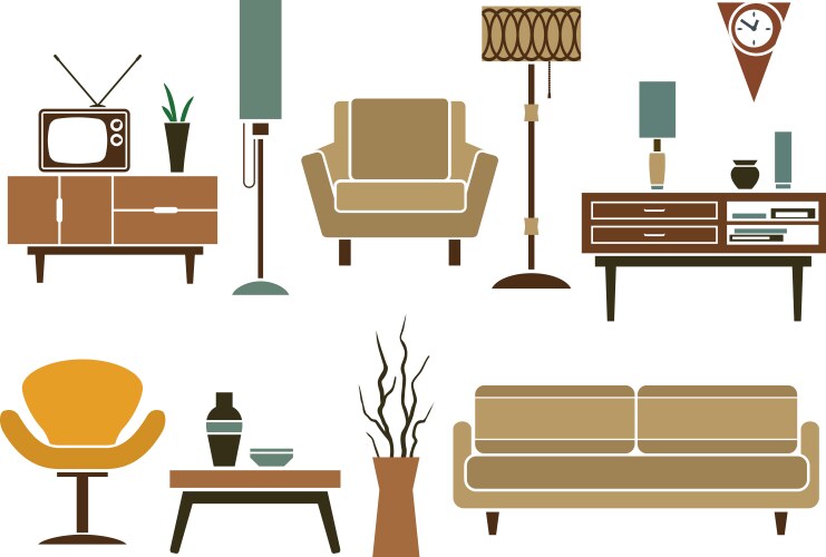 Retro flat furniture and interior icons vector image