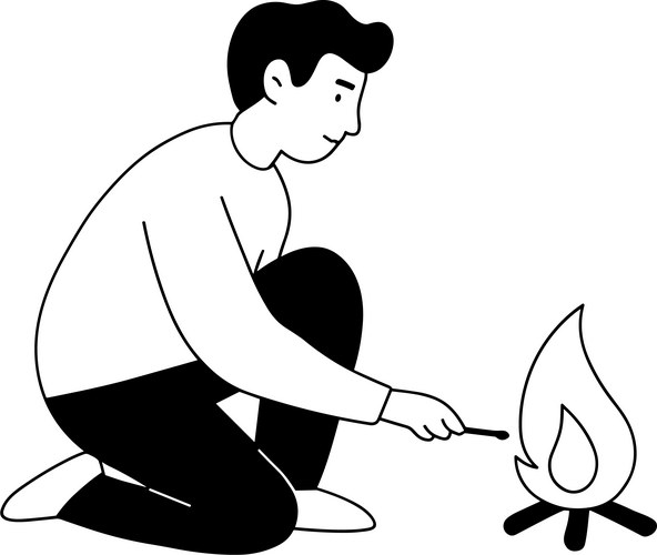 Minimalist lineart man igniting campfire Vector Image