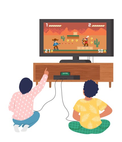 two kids play video game console on tv vector image