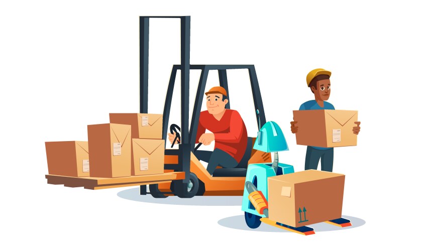 Warehouse staff forklift and robot with boxes vector image