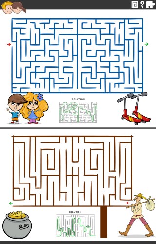 Maze activity games set with funny cartoon vector image