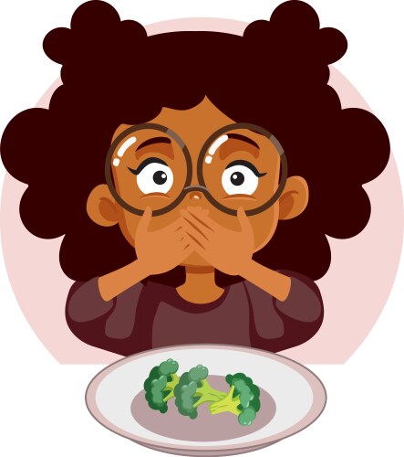 Picky eater hating broccoli covering her mouth Vector Image