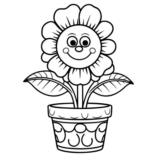 Smiling Flower in Pot - Coloring Page Vector Image
