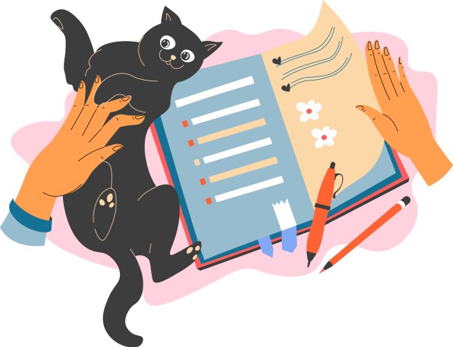 Writing down in diary and playing with cat Vector Image