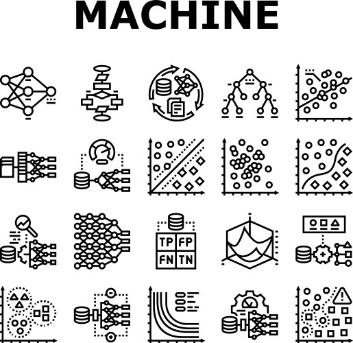 Machine learning algorithm model icons set vector image