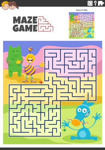 maze game activity with cartoon alien or monsters vector