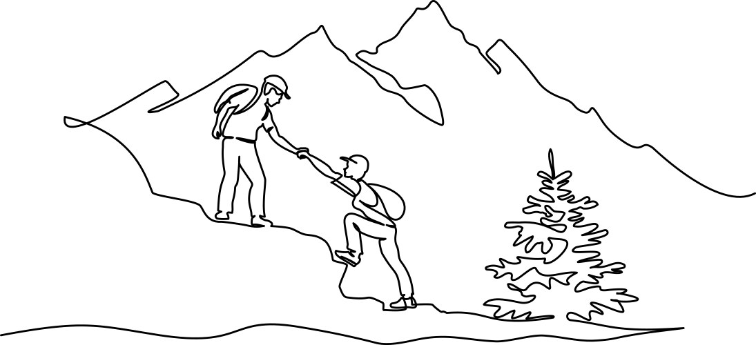 Tourists man woman helping each other hike up vector image