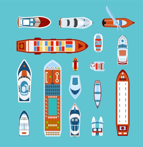 Cartoon color boats icons set top view Royalty Free Vector