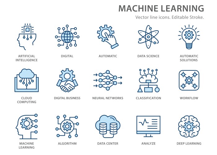 machine learning line icons set vector