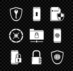 set shield with key smartphone lock document vector image