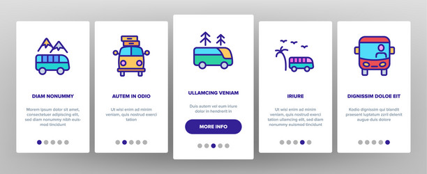 Bus trip and travel onboarding icons set vector