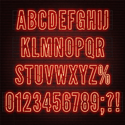 retro red neon alphabet with numbers on brick vector image