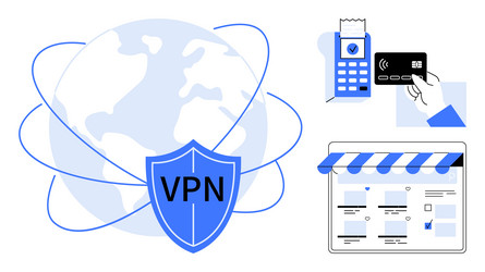 vpn shield in front of globe with online shopping vector image